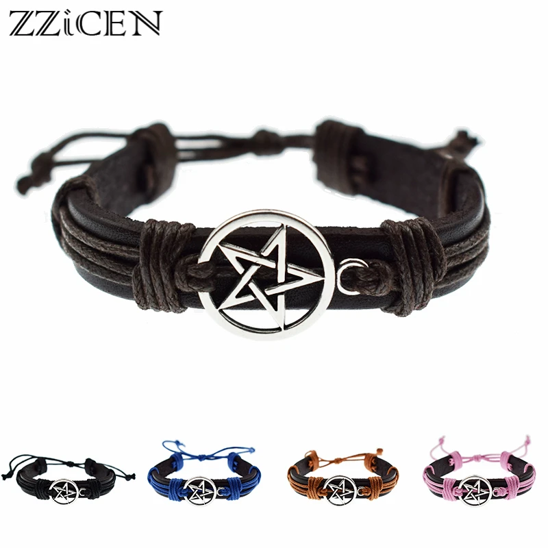 Punk Cổ Pentagram Phù Thủy Sao Biểu Tượng Quyến Rũ Nữ Nam Da Chính Hãng Kiểu Dáng Vòng Tay Ngôi Sao Năm Cánh Có Thể Điều Chỉnh Trang Sức