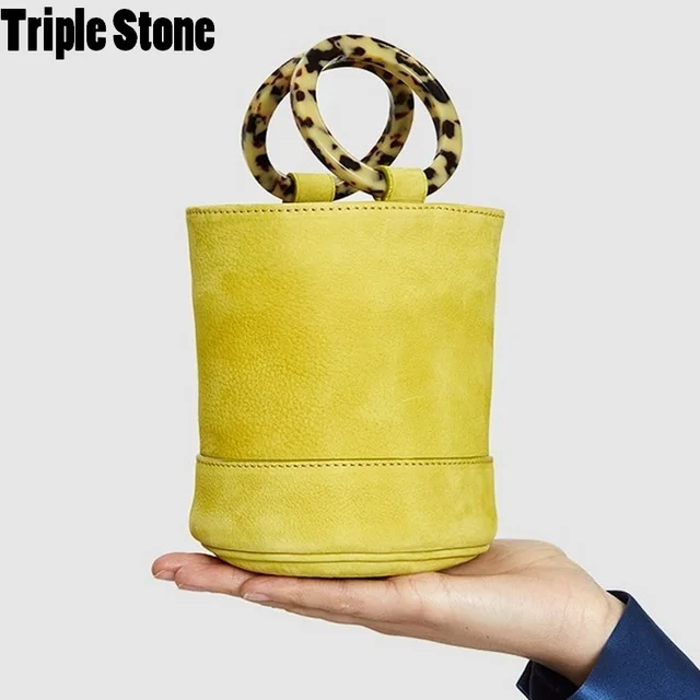 Nubuck Leather Bucket Bag Brand Design Bonsai Twin Resin Hoop Nubuck Leather Bucket Bag Brand Design Bonsai Twin Resin Hoop Carry Handle Ring Circle Lady
