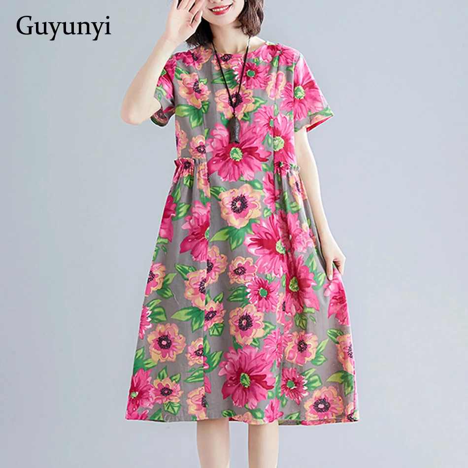 

Ethnic Style Print Vintage Dress 2019 Summer Plus Size Dress Simple Comfortable Loose Hem Cotton Linen Dress Women