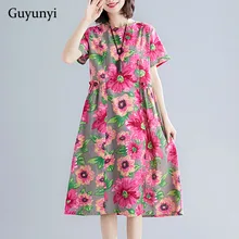 Этнический стиль, винтажное платье с принтом, летнее платье размера плюс, простое удобное свободное хлопковое льняное платье для женщин