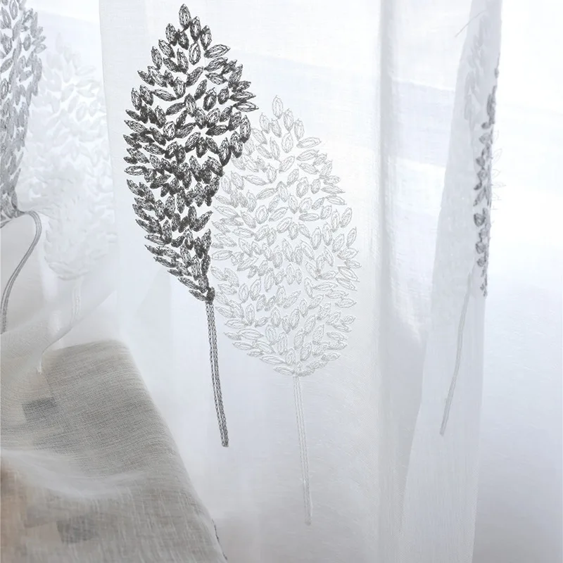 Белый серый Banyan Листья Вышивка окна шторы прозрачная Тюль Спальня шторы Nordic Стиль занавески пряжи Вуаль для Гостиная
