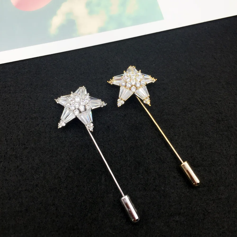 

New Fashion Zircon Star Lapel Stick Brooch for Women Men Luxury Collar Brooches Pins Suit Jewelry Wedding Sweater Gift