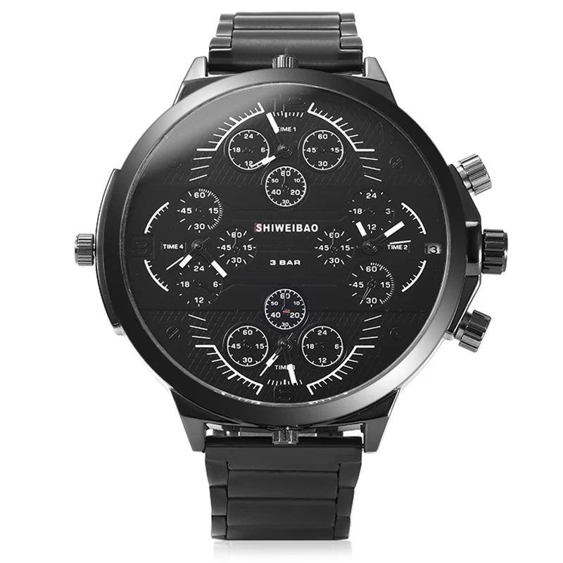 cool big case quartz watch for men four time zones steel bracelt wristwatches (5)