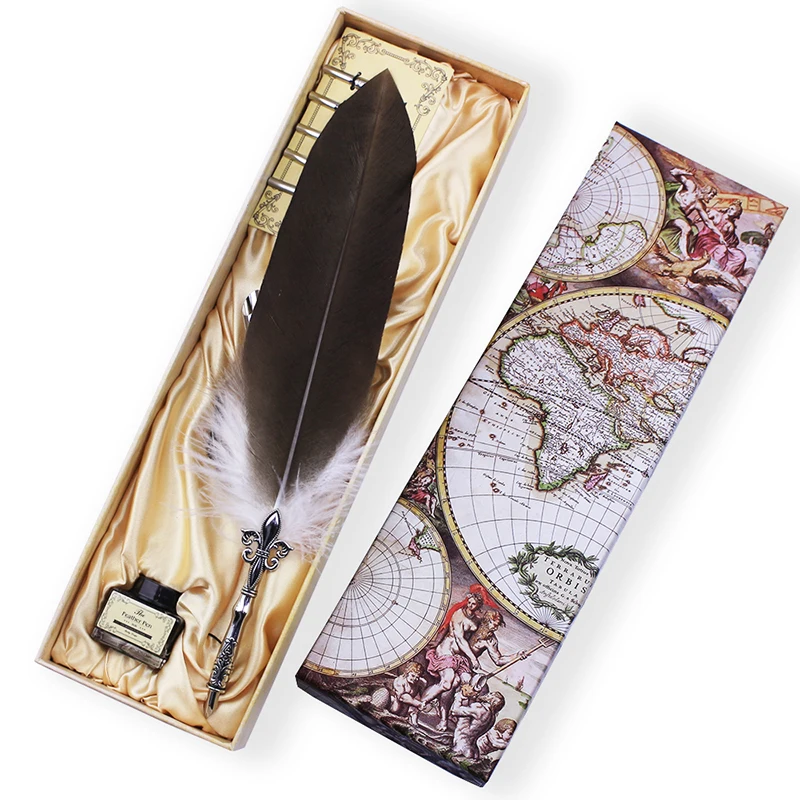 

Vintage Colorful Feather Dip Pen Set Metal Nibs Inkwell Calligraphy