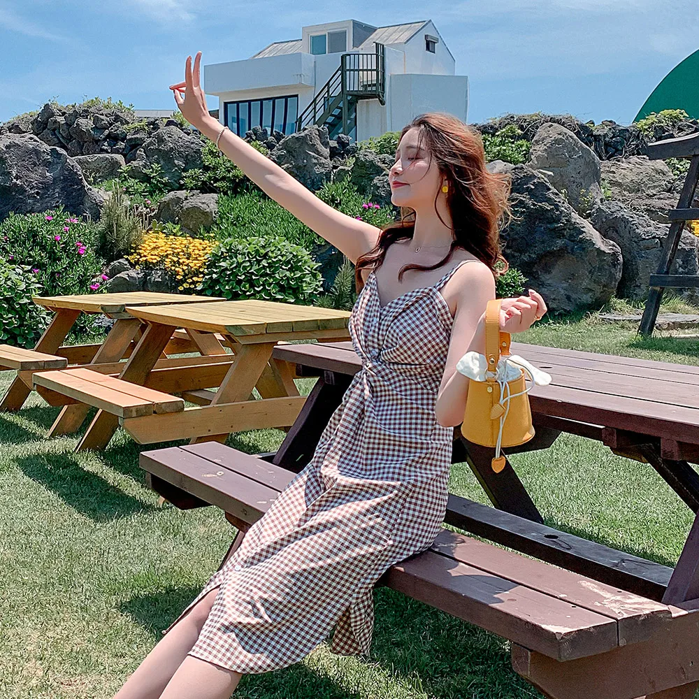 

Milinsus Summer Sweet Campanulaceae Dresses French Retro Style V-Collar Garter Wrap Dress Drawstring Holiday Beach Casual Dress