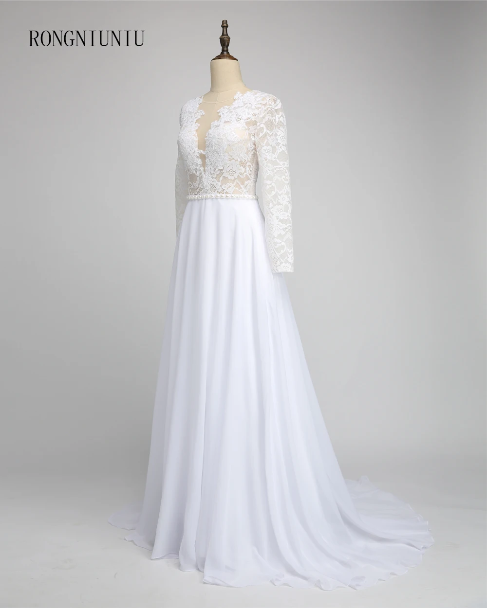 Deep V Lace Top Long Sleeve Floor Length Chiffon Beach Wedding Dress