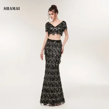 

SHAMAI Mermaid Long Tassel Evening Dress V-Neck Sequined Party Elegant Vestido De Festa Fast Shipping Two Pieces Prom Gowns