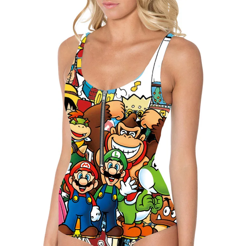 

Hot 2017 New Sexy One Piece Swimsuit Printed Super Mary Cartoon One shoulder zipper Monokini Swimwear Bathing Suit bodysuit YY23