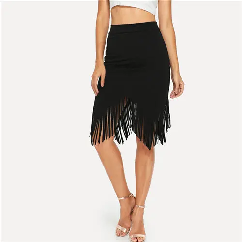 Black Elegant A Line Tassel Asymmetrical Skirt 2018 New Summer Mid