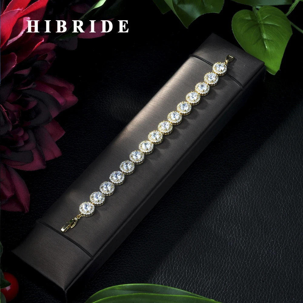 

HIBRIDE Luxury Gold Color Men Bangles Bracelets With Oval Zircon Stone for Women Fashion Zirconia Crystal Wedding B-03