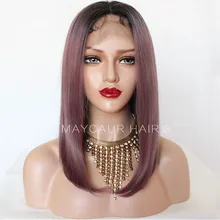 Maycaur Натуральные Прямые Синтетические парики на кружеве для женщин черный фиолетовый цвет Омбре короткие волосы боб парик