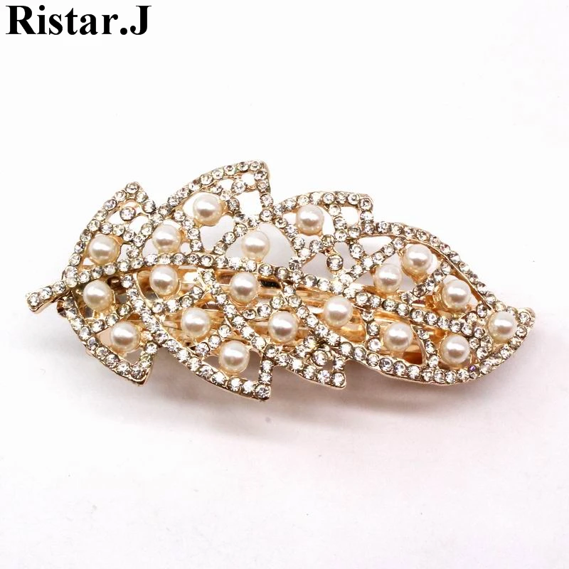 Elegant Simulated Pearl Crystal Big Leaf Hairpins Hair