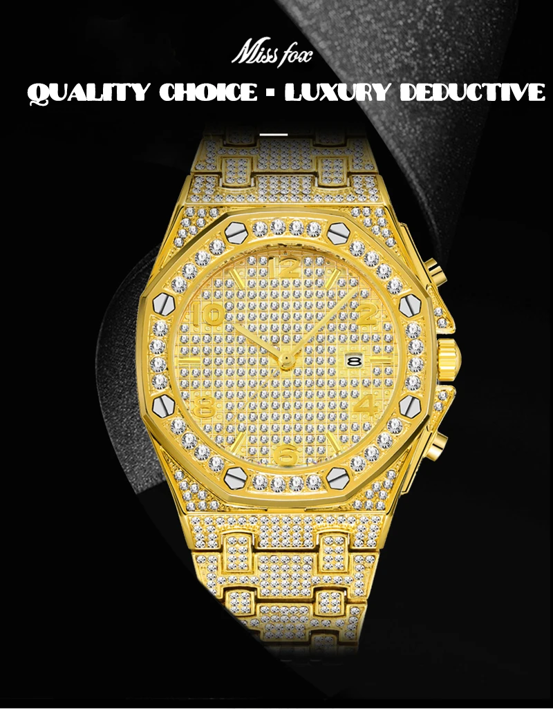 

LGXIGE Top Brand Luxury Diamonds 18K Gold Iced Out Lab Dimaond Luxury Brand Stainless Steel Analog Quartz Waterproof Watches Set