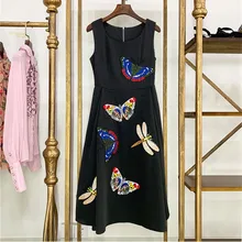 Роскошное дизайнерское Брендовое платье для женщин с круглым вырезом без рукавов с вышивкой бабочки длинное платье черного цвета