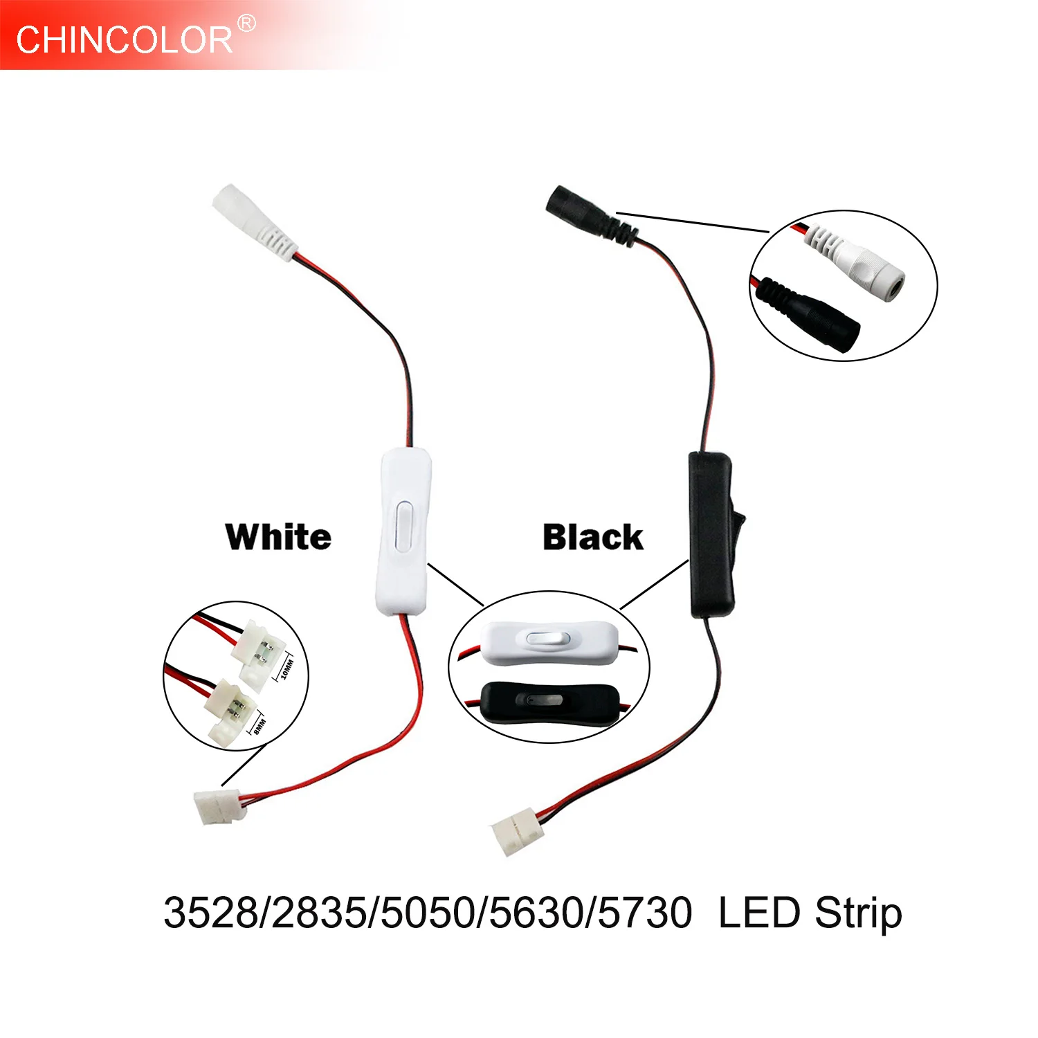 

DC Connector Jack with Switch to 2Pin LED Strip PCB Solderless ON OFF 10mm 8mm for 3528 2835 5050 5630 5730 Single Color New JQ