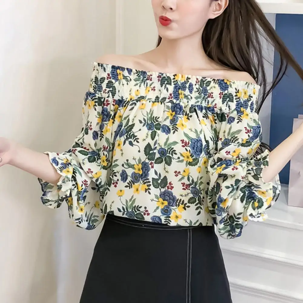 MISSKY Женская модная шифоновая рубашка с рукавами-фонариками свободного типа с открытыми плечами