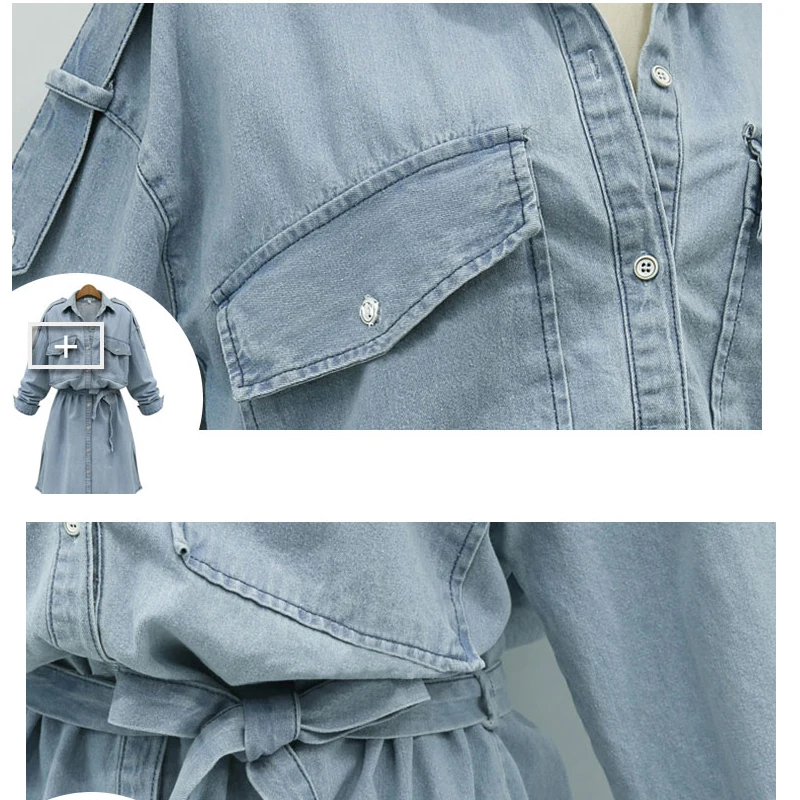 Summer Plus Size Denim Dress For Women Long Sleeves Denim Dresses Turn-Down Collar Slim Buttons Up Blue Jeans Dresses For Women