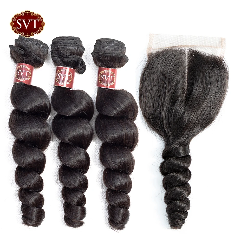 

SVT Peruvian Loose Wave 3 Bundles With Closure Natural Color 100 Human Hair Weave Non Remy Human Hair Bundles With Closure