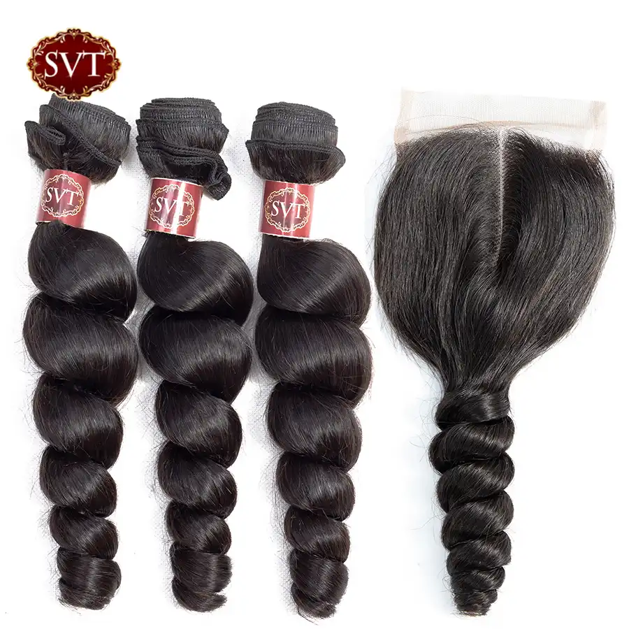 Svt Peruvian Loose Wave 3 Bundles With Closure Natural Color 100