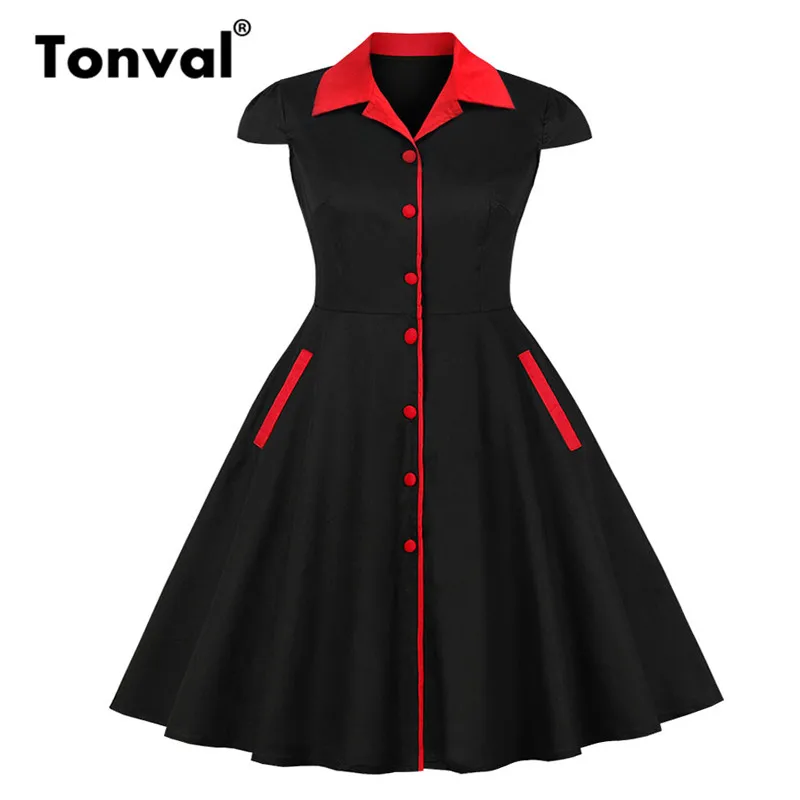 

Tonval Big Size Vintage Dress Hepburn Style Rockabilly Single Breasted Plus Size Dresses for Women 4XL 5XL Black Dress