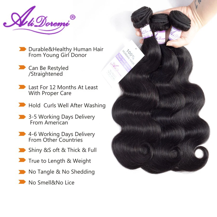 [Alidoremi ] Peruvian Body Wave Hair Bundles 100% Human Hair Weave Natural Color 8-30 Inch Non Remy Hair Extension
