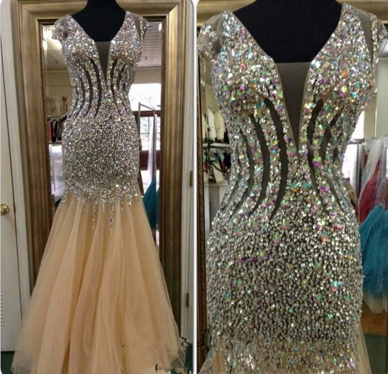 

Luxury Long Dress for Evening 2019 Mermaid Heavy Crystals Beaded Champagne Women Sexy Formal Party Prom Gowns vestidos de noiva