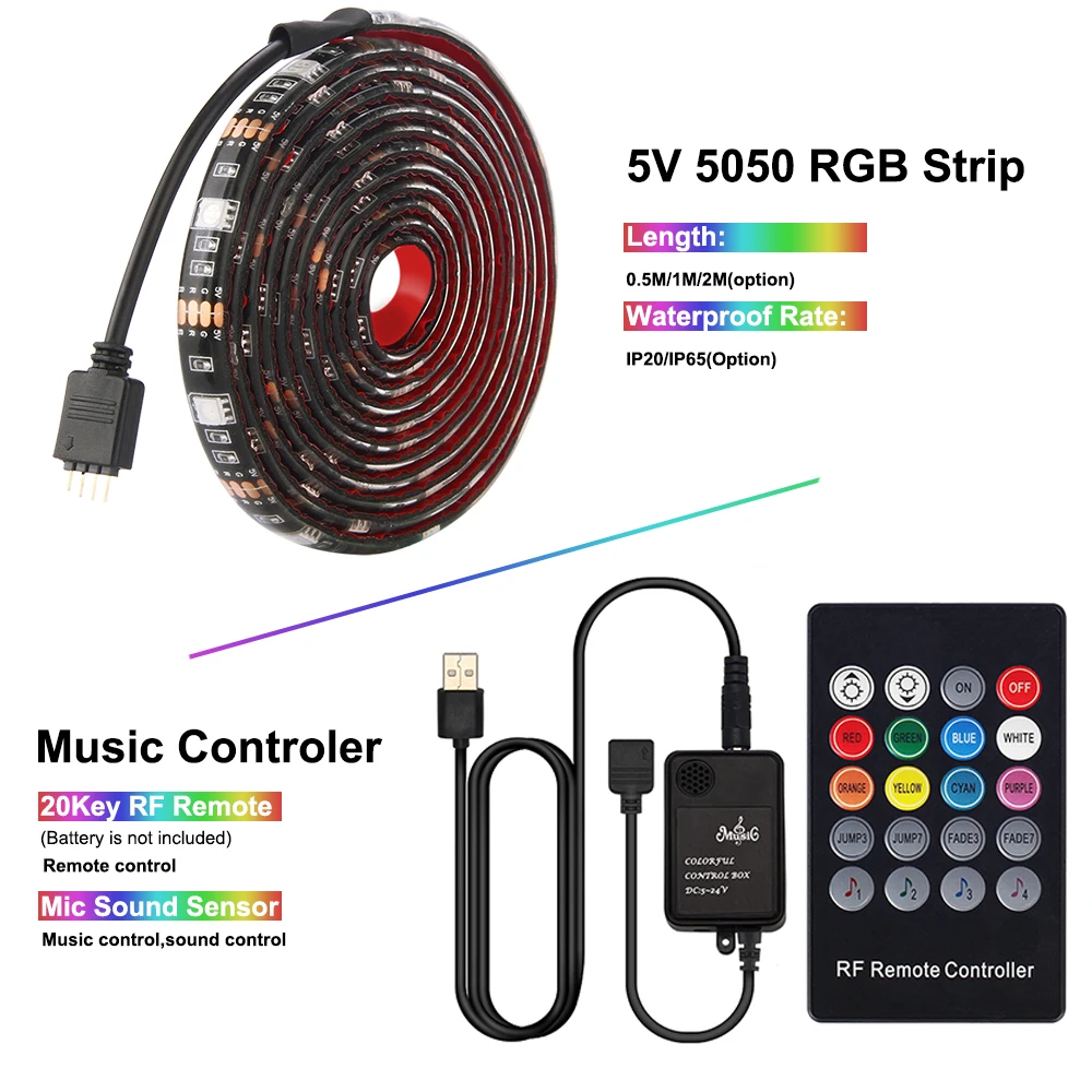 USB Светодиодная лента RGB музыкальный контроллер 0,5 м 1 м 2 м ТВ-светильник с 20Key пультом дистанционного управления