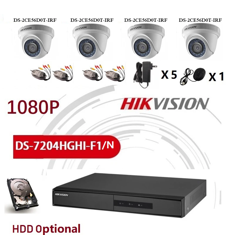 

HIKVISION English Version DS-7204HGHI-F1/N 1080P and DS-2CE56D0T-IRF 4CH KITS with HDD Optional