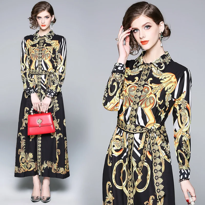 

2019 Spring Summer Fall Autumn Vintage Floral Print Sashes Crew Neck Long Sleeve Women Lady Party Casual Loose Robe Luxury Dress