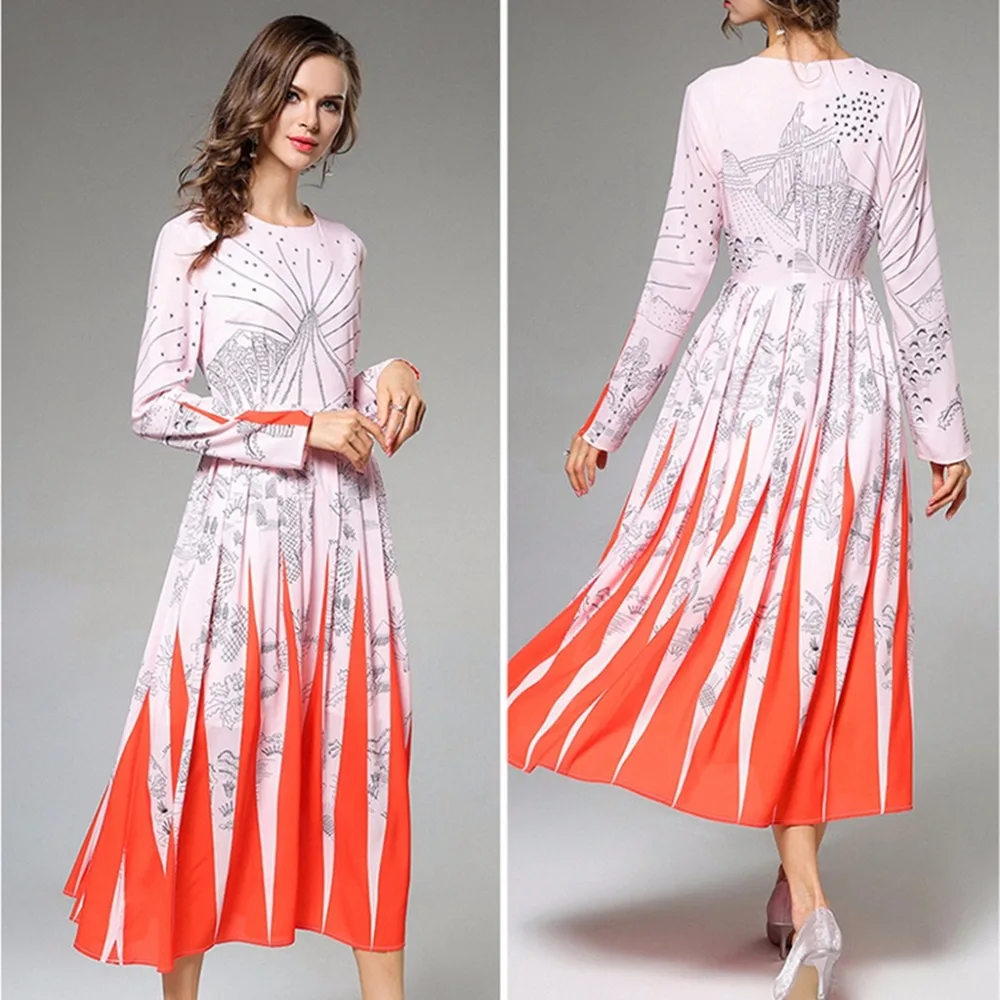 Summer Dresses 2018 Summer Women's Neck Long Sleeve Chiffon Printed