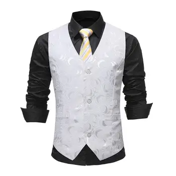 

Men White Floral Slim Suit Vest Men Suit Back Tied Adjustable Vest Male Casual Sleeveless Formal Business Jacket Camisas