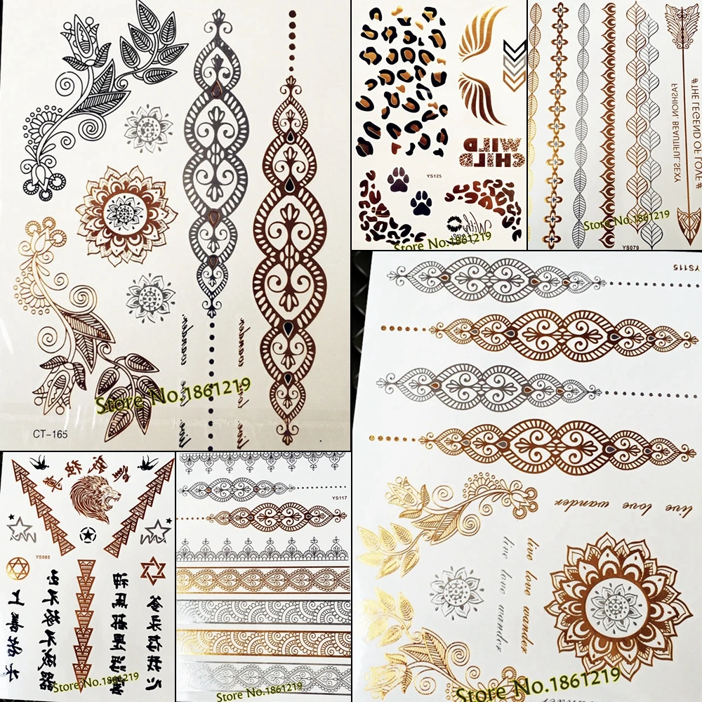 

25 Style Lace Gold Flower Leaf Temporary Tattoo Stickers Bracelets Henna Arrows Women Fake Flash Golden Metallic Tattoo Paste