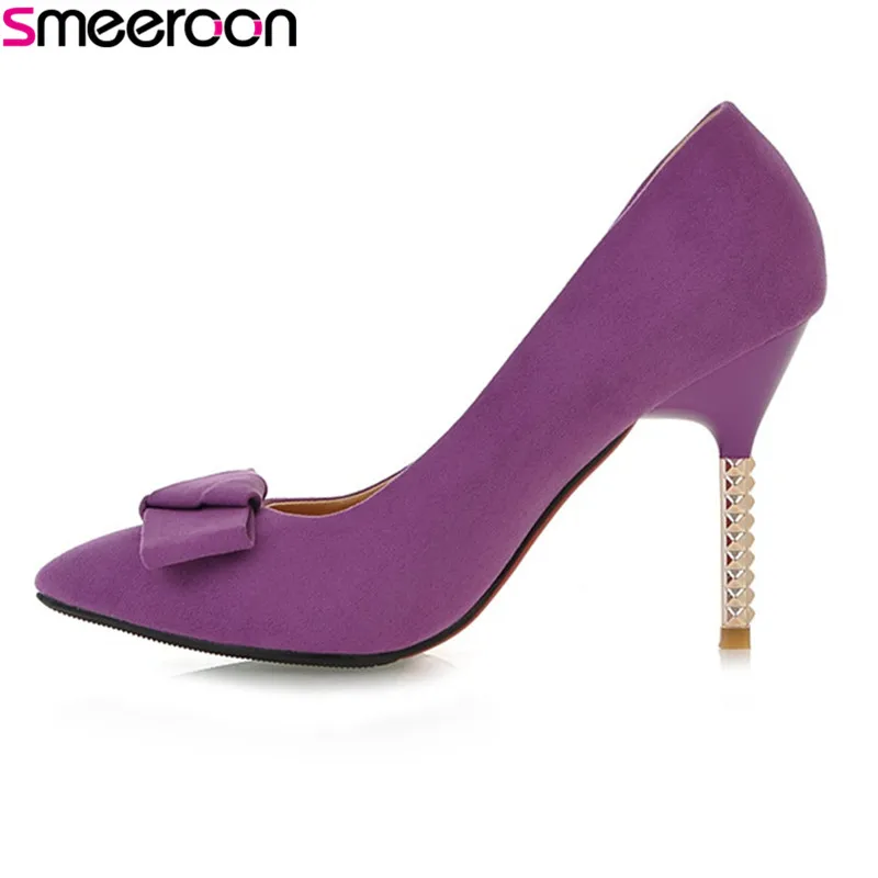 

Smeeroon 2018 new style fashion 8cm thin heels pointed toe slip on shallow with butterfly knot sweet party women shoes