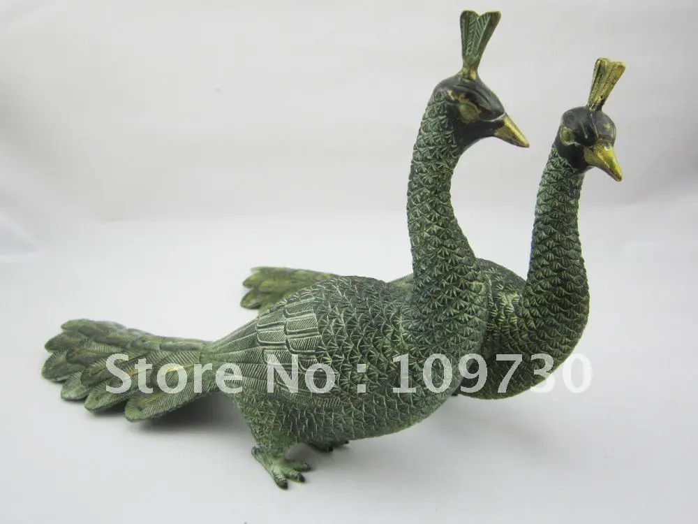 

One pair of China old bronze gild carved finely peacock statues fast ship