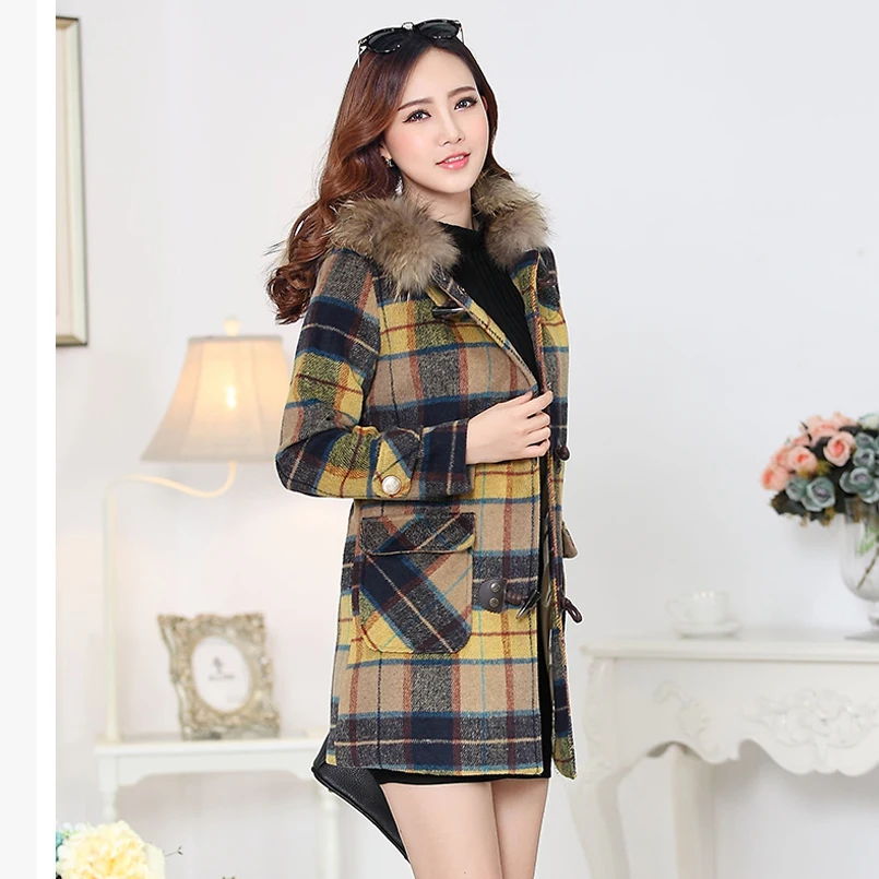 Slim Nouvelles Coffee Dames yellow Coton 2018 Manteau Plaid Veste Femmes Fourrure tuo Chaud Laine Pardessus Femelle Épais D'hiver Capuchon Vêtements blue Col Gkfnmt À De UA5qH1nwH