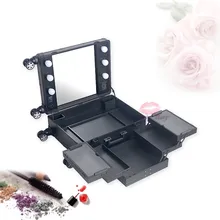 Черная станция для макияжа с огнями, косметический чехол для тележки с освещенным зеркалом и ножками