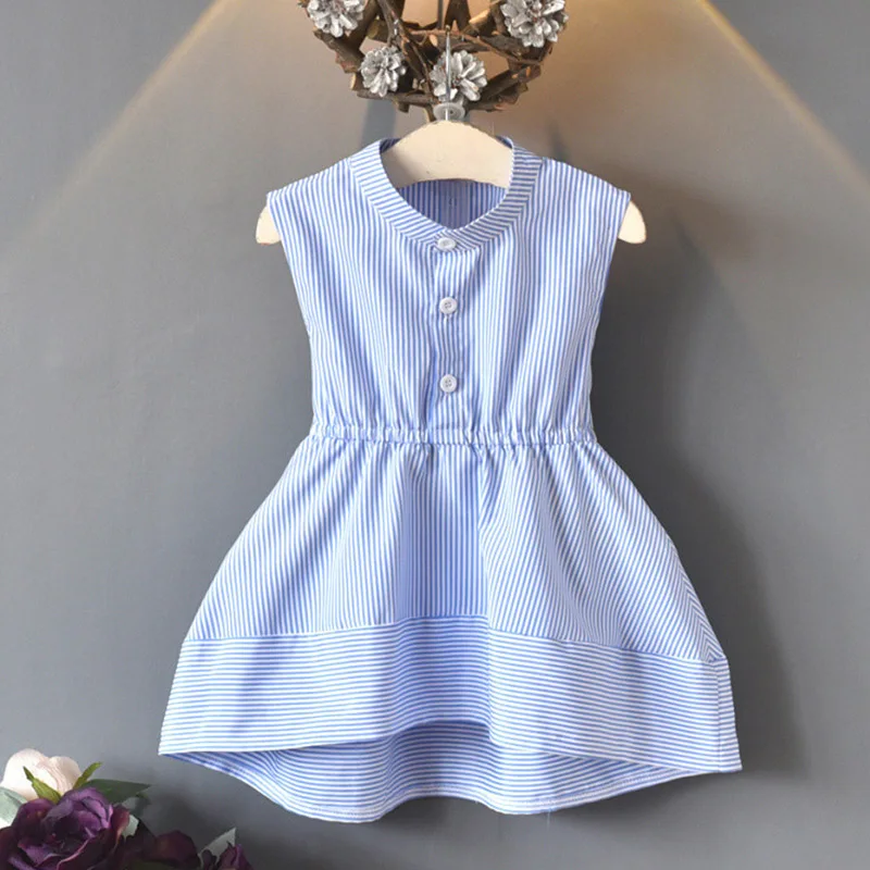 Bear Leader/Одежда для девочек; Новинка года; летние платья для девочек в консервативном стиле; асимметричное платье в полоску без рукавов; платье принцессы с бантом; От 3 до 7 лет - Цвет: AY025 blue