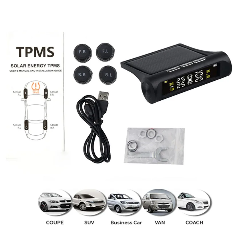 

High and low tire pressure alarm Solar Tire pressure monitoring system replaceable sensors battery tyre air TPMS Digital display