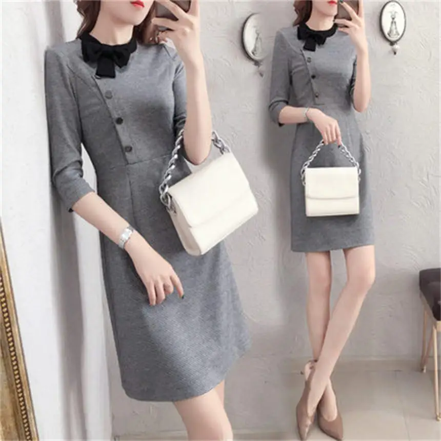 

Plaid dress women's spring new Plaid dress bow waist was thin temperament Slim retro dress women ol size S-3XL