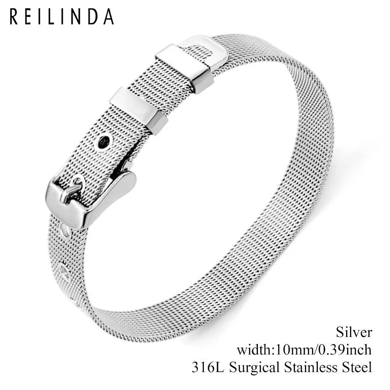 8mm/10mm/18mm Stainless Steel Mesh Wristband Bracelet DIY Slide Charms Bracelets For Women Men Gift - Окраска металла: 10mm Silver