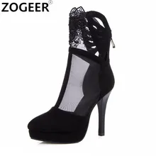 Летние ботильоны; дышащая обувь с острым носком; женская обувь на высоком каблуке 12 см; женская модная обувь на каблуке; пикантные черные женские ботинки с кружевом