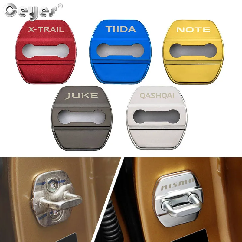 

Ceyes Car Styling Auto Door Lock Cover Sticker Accessories Case For Nissan Nismo Note Qashqai X-Trail Juke J11 Tiida Emblem 4pcs
