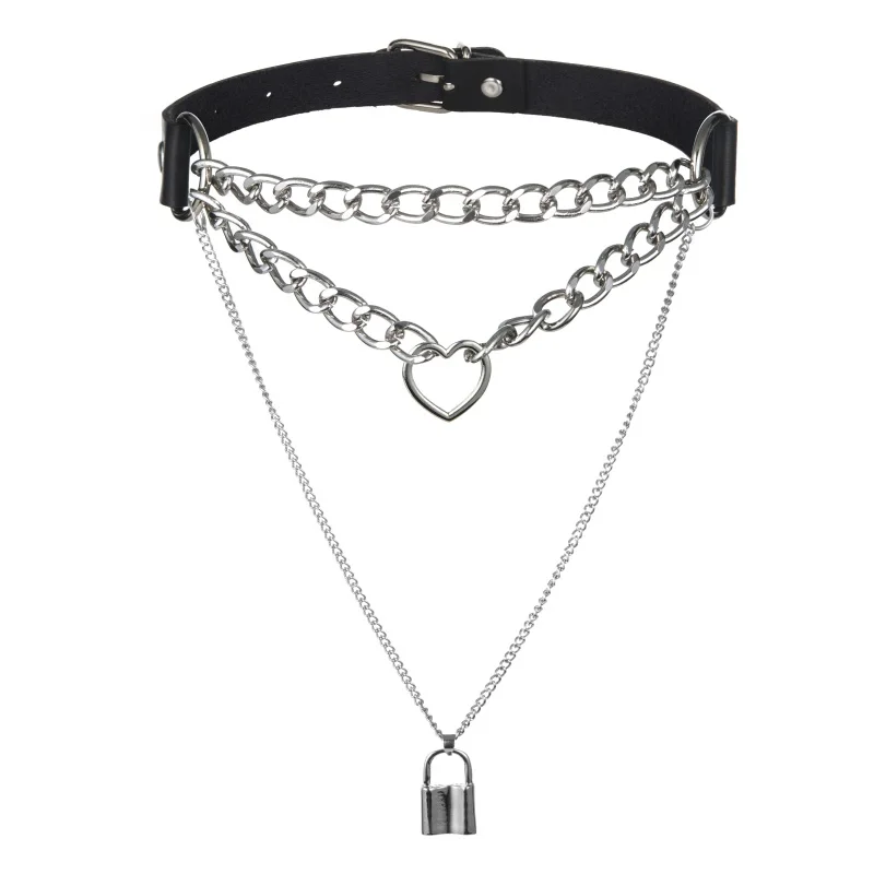 

Gothic Lock Chain choker collar harajuku Punk pendant necklace women girls black leather chocker emo Kawaii witch rave jewelry