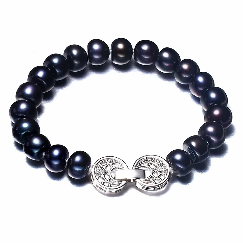 HENGSHENG большой натуральный черный жемчуг браслет, 925 серебро Для женщин Модные украшения браслет, 9-10 мм хлеб пресноводного жемчуга, подарок - Окраска металла: black