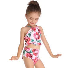 Купальный костюм для девочек, комплект бикини из двух предметов, Флористический с высокой талией, купальный костюм