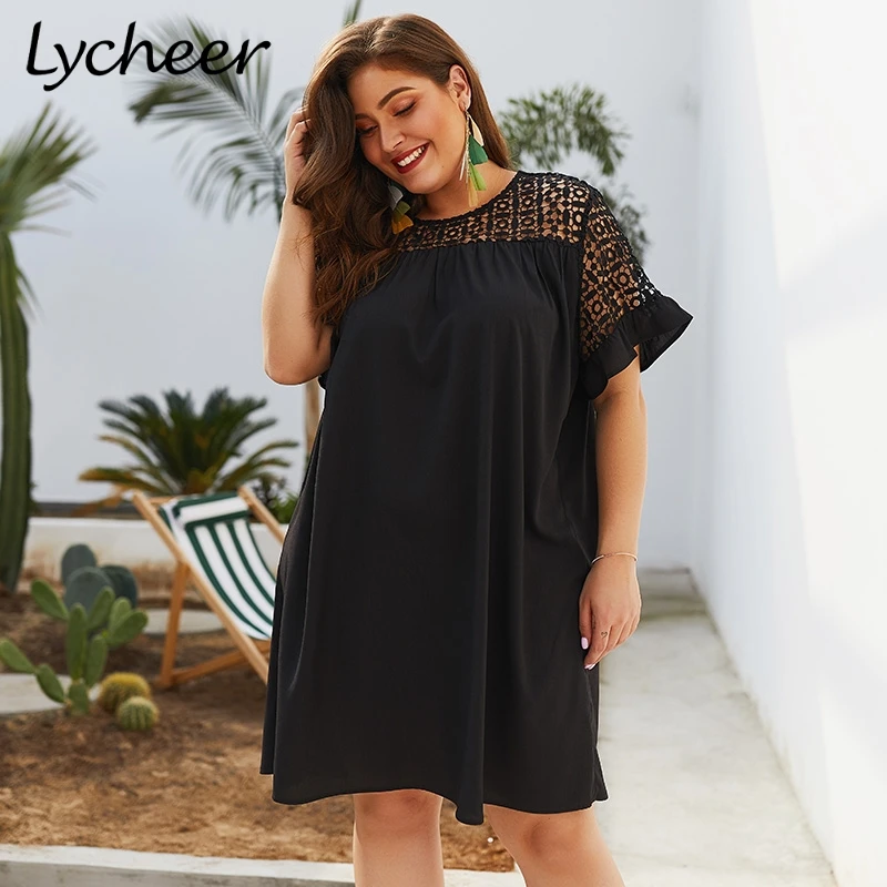 

Lycheer Plus size vintage women big size dress Summer hollow out embroidery loose short black vestidos Casual female dresses