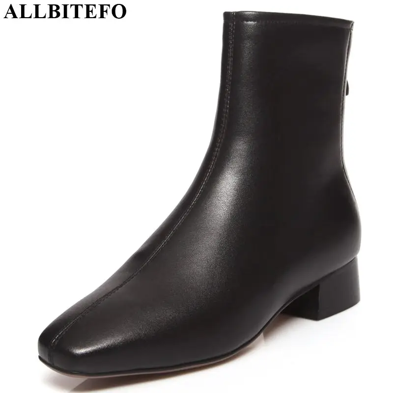 

ALLBITEFO square toe genuine leather square toe low-heeled women boots comfortable ankle boots martin boots winter snow shoes