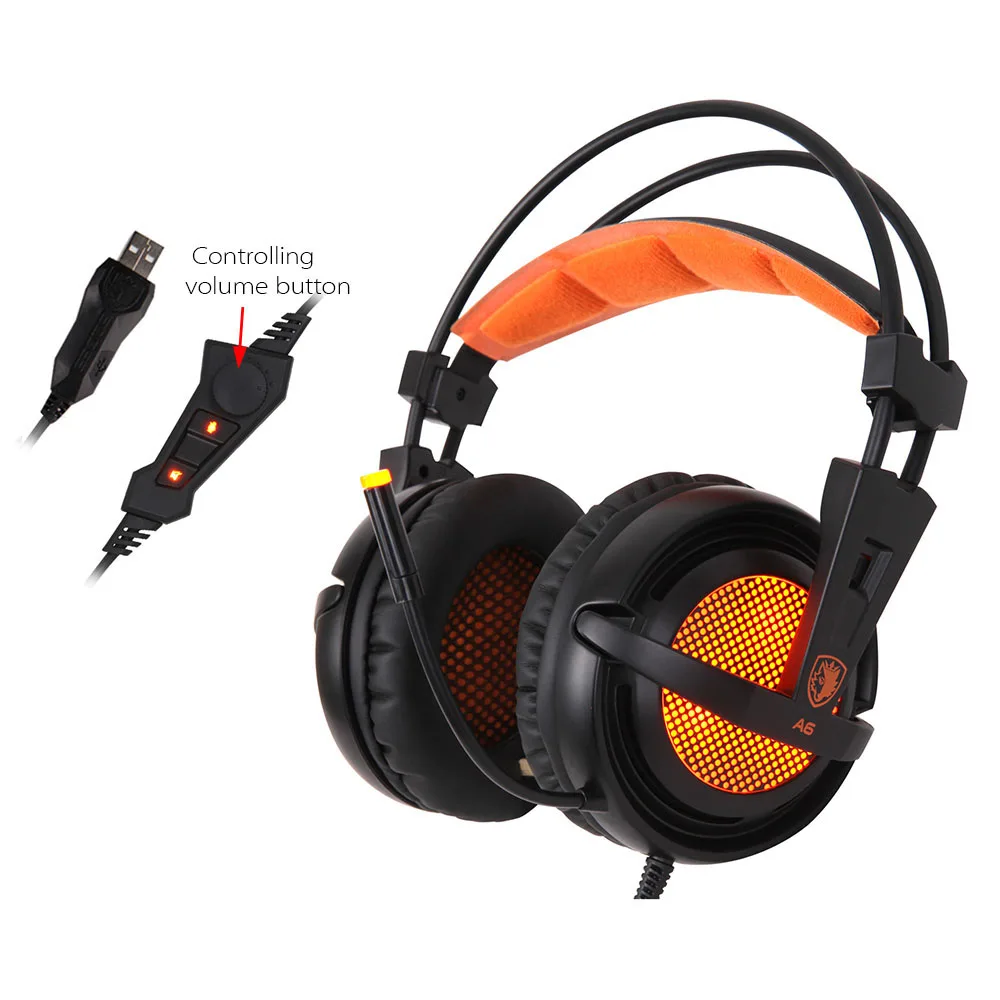 Sades A6 7,1, объемный звук, USB, Стерео Игровые наушники, над ухом, шумоизоляция, дышащий светодиодный свет, гарнитура для PC Gamer
