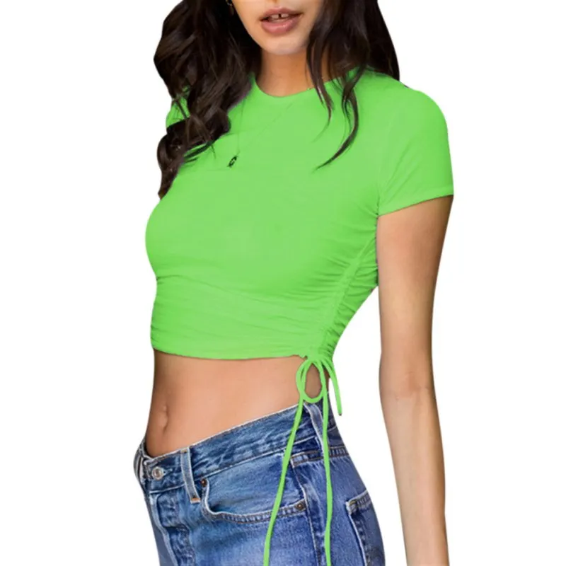 

Neon Color Women Tees Short Sleeve O Neck Drawstring Wild Short Tops Slim Fit Girls Tops Fluorescent Green Casual Short T-Shirt