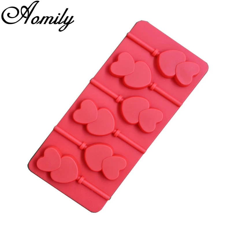 Aomily DIY Double Heart Lollipop Chocolate Mold Bakeware Silicone Pop Sticks Lolly Candy 3D Gift Handmade with Stick Shape | Дом и сад